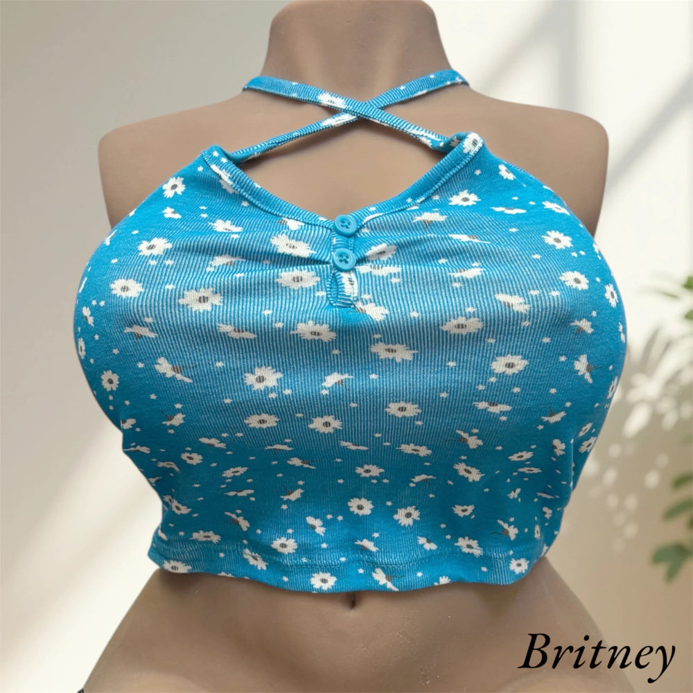 britney in Blue Top – Bold Summer Flower